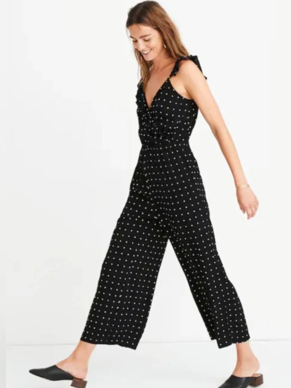 Madewell Ruffle-Front Wrap Jumpsuit in Grid Dot black 00